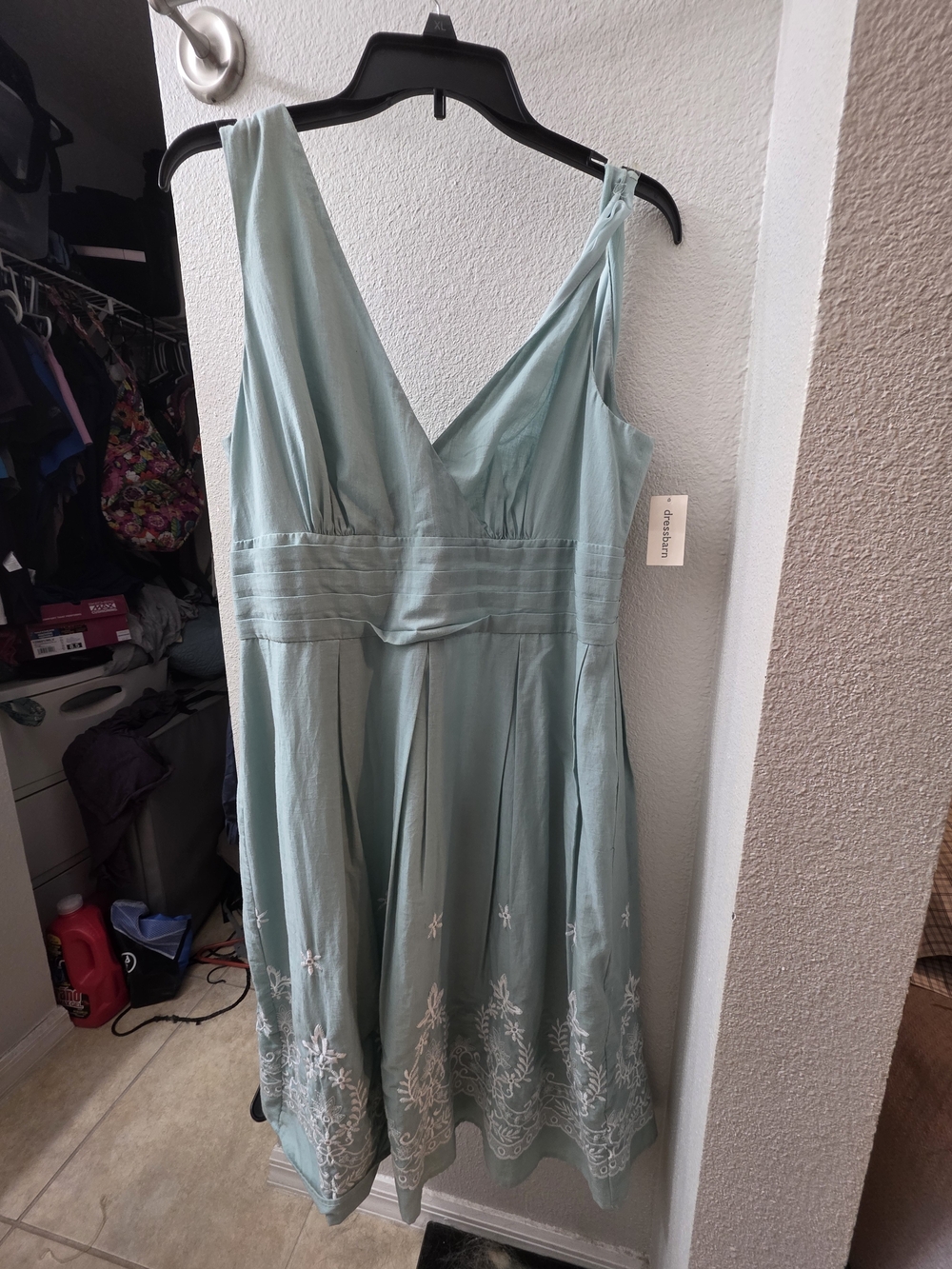 dressbarn Seafoam Embroidered V-Neck Midi Dress